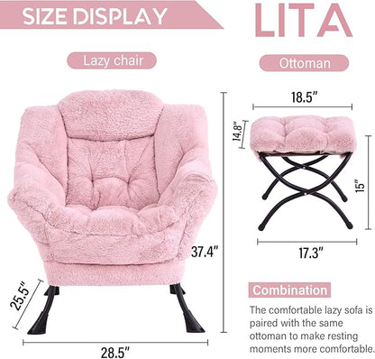 LITA Lazy Chair with Ottoman, Modern Accent Leisure Upholstered Sofa, Contemporary Lounge Reading Chair with Armrests and a Side Pocket for Living Room, Bedroom & Small Spaces, Plush Pink