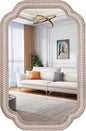 36x24'' Boho Decorative Wall Mirrors with Beaded, Wooden Scalloped Bathroom Mirrors for Over Sink, Farmhouse Style for Bedroom, Living Room, Entryway - Vertical/Horizontal Hanging
