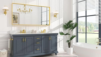 Keonjinn Brushed Gold Bathroom Mirror 60” x 30” Metal Framed Rectangular Wall Mirror Large Farmhouse Bathroom Mirrors Rectangle Gold Wall-Mounted Vanity Mirrors(Horizontal/Vertical)