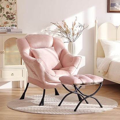 Large Lazy Chair with Ottoman, Accent Reading Chair with a Throw Pillow, Cozy Lounge Armchair, Leisure Sofa Chair for Living Room, Bedroom, Dorm, Velvet Pink