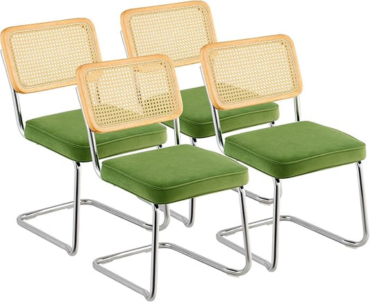 VEVOR Rattan Dining Chairs Set of 4, Mid Century Modern Dining Chair, Upholstered Velvet Accent Chair with Rattan Back, Retro Dining Room Kitchen Chair for Living Room, Bedroom (18.1 Inch)