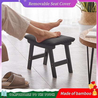 Foot Stool,Ottoman,Bamboo Small Sofa Foot Rest Under Desk,Extra Seating for Living Room, Bedroom and Kitchen (Black Stool Legs - Black Surface)