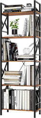 72"H 5-Tier Bookshelf: MDF Wood & Steel Shelves with 500lbs,Tall Narrow Adjustable-Shelf Bookcase.Bookshelves Storage Organizer, Industrial Display Standing Shelf Unit for Living Room/bedroom/Office