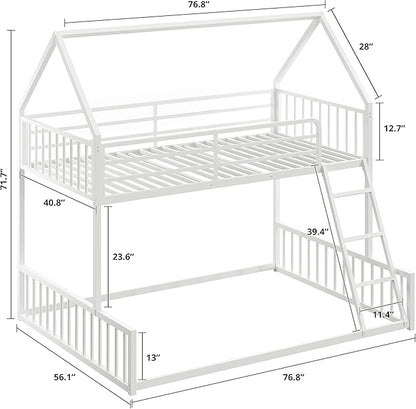 LIKIMIO Bunk Bed Twin Over Full Size, House Bunk Bed Frame with Ladder and Guardrail, House Shaped with Metal Slats Support No Box Spring Needed Space Saving for Bedroom and Dorm, White