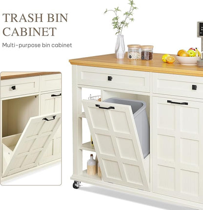 DWVO Kitchen Island with Drop Leaf, Tilt Out Trash Can Cabinet, Mobile Storage Islands with Power Outlet, Americana Rolling Island Table on Wheels with Open Shelves for Dining Room, Off White