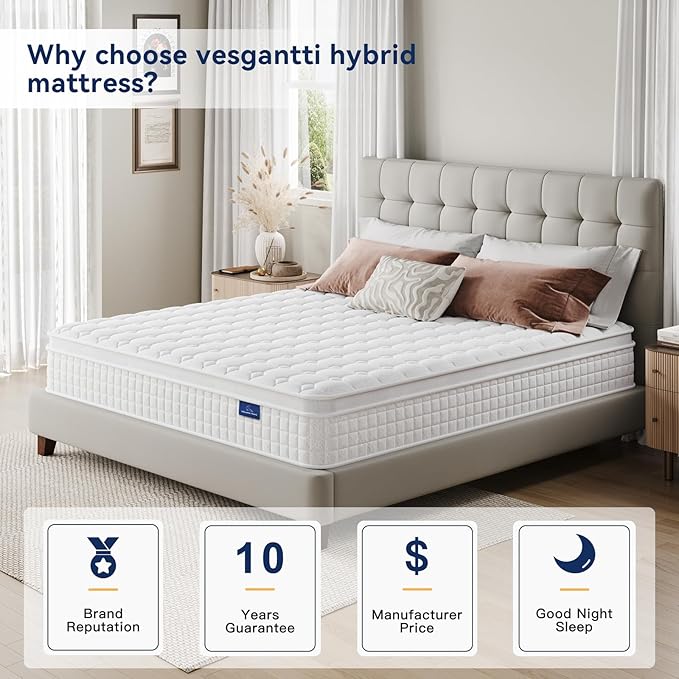 Vesgantti 10 Inch Multilayer Hybrid Queen Mattress - Multiple Sizes & Styles Available, Ergonomic Design with Memory Foam and Pocket Spring, Medium Firm Feel, White