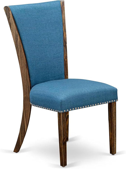 East West Furniture V727VE721-9 9 Piece Dining Set Includes a Rectangle Dining Room Table with V-Legs and 8 Blue Color Linen Fabric Upholstered Parson Chairs, 40x72 Inch, Multi-Color
