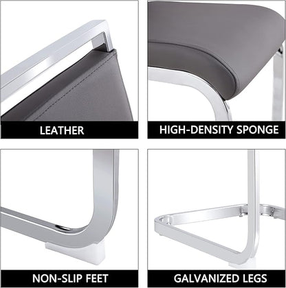 Dining Chairs Set, Kitchen Modern Metal Chairs with Faux Leather Padded Seat High Back and Sturdy Chrome Legs, Chairs for Dining Room (Grey, Set of 2)