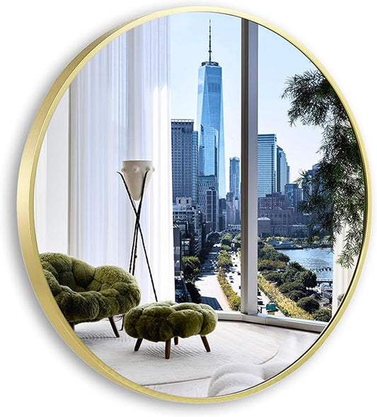 28 inch Gold Frame Mirror for Wall, Brushed Matte Gold Metal Round Mirror for Bathroom Vanity, Bedroom Decor, Living Room, Entryway
