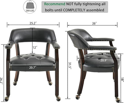 LEEMTORIG Large Dining Chairs with Casters and Arms, Rolling Dining Chairs with Wheels, Accent Game Poker Chairs, Boss Caption's Chairs, 26" D x 25.2" W x 31.5" H, Espresso Legs & Black PU, SY-318-BK