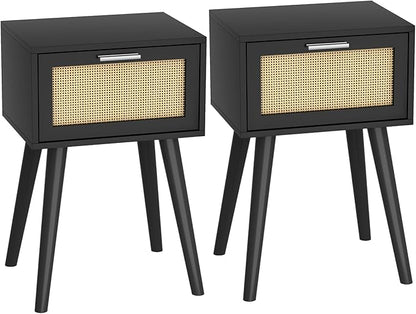 LAATOOREE Nightstand Set of 2, Small End Table with Rattan Door, Bedside Table with Solid Wood Feet, Boho Side Table for Bedroom Living Room Small Space - Black
