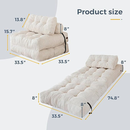 MAXYOYO Folding Sofa Bed, Convertible Sleeper Chair with Pillow Foldable Mattress with Back Support, Portable Fold Out Chair Bed Comfy Floor Sofa Lounge for Living Room Bedroom, Beige, Single