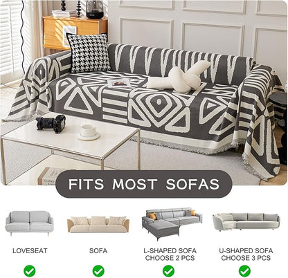 STACYPIK Modern Dark Grey Couch Cover, Boho Chenille Sofa Covers for Loveseat, Reversible Non Slip Triangle Pet Protector for 3 Cushion Couch Washable Sectional Couch Cover for L-Shaped-71X150IN
