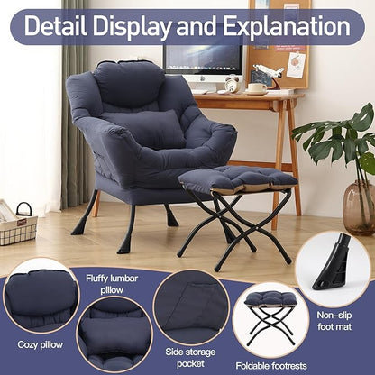 Lazy Chair with Ottoman, Modern Accent Chair with Lumbar Pillow, Comfy Chairs with Folding Footrest for Bedroom, Reading, Oversized Supportive Lounge Chairs(Navy Blue)