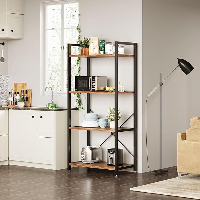 Casaottima Book Shelf, 4 Tier Bookshelf, Modern Wood Bookcase Shelves for Bedroom, Industrial Display Shelf for Living Room Home Office Kitchen, Standing Shelving Unit Storage Organizer, Vintage