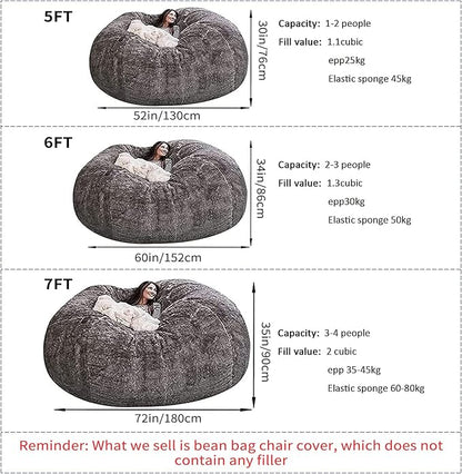 Giant Fur Bean Bag Chair Cover for Kids Adults, (No Filler) Living Room Furniture Big Round Soft Fluffy Faux Fur Beanbag Lazy Sofa Bed Cover (Dark Khaki, 6FT)
