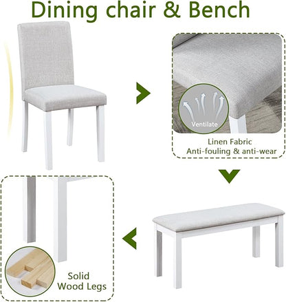 KEIKI 6-Piece Standard Height Dining Table Set with Rectangular Table, 4 Upholstered Chair, Bench, for 6 Person, Modern Crystal Decoration Table Set, Easy Assembly, for Kitchen, Dining Room, White