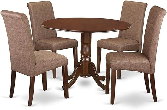 East West Furniture DLBA5-MAH-18 5 Piece Dining Room Table Set Includes a Round Kitchen Table with Dropleaf and 4 Brown Linen Linen Fabric Parson Dining Chairs, 42x42 Inch, Mahogany