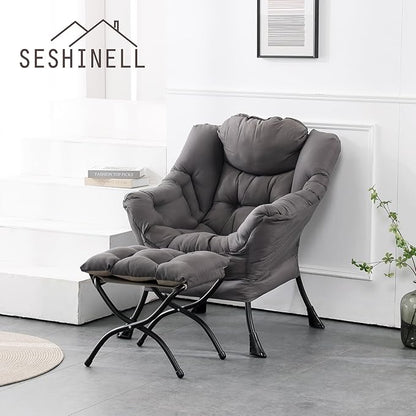 Lazy Chair with Ottoman, Modern Accent Chair Contemporary Lounge Leisure Sofa Chair with Armrests, Reading Chair and Folding Footstool Set for Living Room, Bedroom, Office, Dark Grey