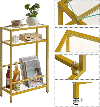 IBUYKE Glass End Table for Small Space, Narrow Side Tables with Storage Shelf, Bedside Table Slim Nightstand with Magazine Holder, for Living Room Home Office, Clear Gold UTMZ002G