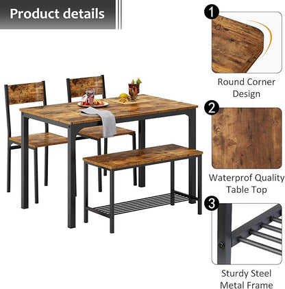 SogesHome 4-Piece Kitchen Table and 2 Chairs for 4 with Bench, Dining Table Set for Small Space, Apartment, Living-Room, Restaurant, Vintage Brown