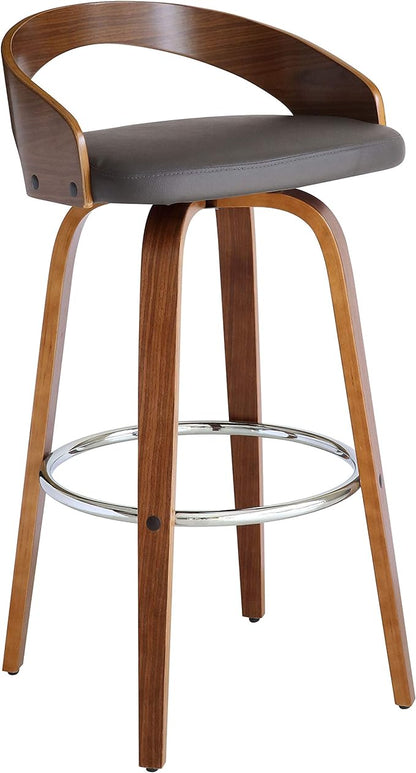 Armen Living Sonia 30" Bar Height Swivel Gray Faux Leather and Walnut Wood Bar Stool - Set of 3