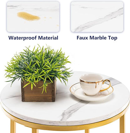 TECHMILLY Round End Table, Faux Marble Sofa Table, Accent Side Table with Metal Frame, Modern Gold Nightstand, Tall Coffee Table for Living Room, Bedroom-2 Packs