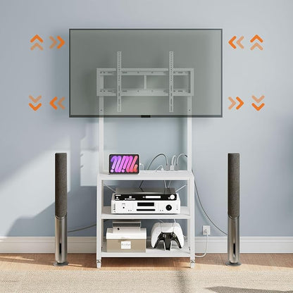 HOOBRO Rolling TV Stand with Mount and Power Outlet Up to 55 inch TV, Corner Entertainment Center, Small TV Stand with 3-Tier Storage Shelves for Living Room, Bedroom, White WW66UDS01