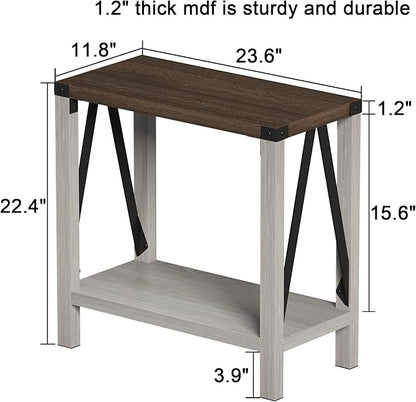 ChooChoo Farmhouse End Table Set of 2, Narrow Side End Table with Storage Shelf, Rustic A-Design Nightstand Sofa Table for Living Room, Bedroom(White&Brown)