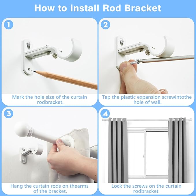 Curtain Rods for Windows 16 to 92 Inches, Curtain Rod Max Adjustable Length of 104 IN, 6/8" Diameter Drapery Rods Round Finials, White, Pack of 1