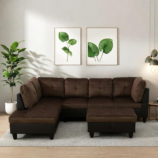 Modern Living Room Furniture Sets with Pillows, Modular Sectional Couches with Chaise Lounge, 4-Seaters L Shape Sofa with Storage Ottoman, for Living Room, Brown