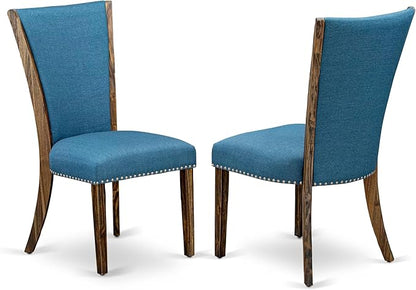 East West Furniture V777VE721-7 7 Piece Dining Room Table Set Consist of a Rectangle Dining Table with V-Legs and 6 Blue Color Linen Fabric Upholstered Chairs, 40x72 Inch, Multi-Color