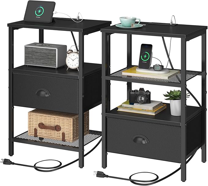 Nightstands Set of 2, Black Night Stands with Charging Station, Bedside Tables with Fabric Drawers PU Finish, 2-Tier Side Table with Open Shelf, Nightstands with Drawer,Black