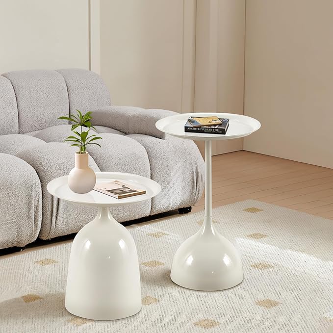 Kelligo Side Table Set of 2, Round Side Table with Screw Connections, Small End Tables for Narrow Areas, Small Tables for Living Rooms, Bedrooms, Cafeterias and Outdoors, White