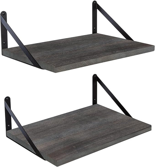 SAUMONIERES Floating Shelves Wall Bookshelf for Bedroom Bathroom Living Room Wood Wall Mounted Wide Deep Storage, Rustic Grey Wall Shelves Set of 2