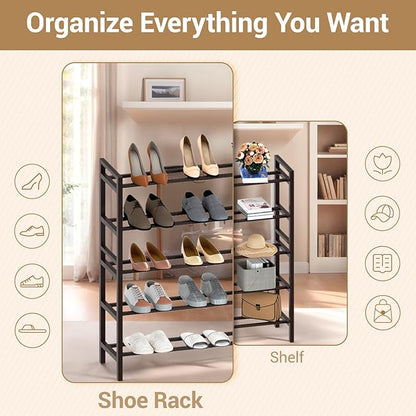 Haddockway Bamboo Shoe Rack for Closet, Free Standing Shoe Organizer with Smooth Round Rods & Convenient Handles, Stackable Shoe Storage Shelf for Entryway, Hallway(Brown, 5-Tier)