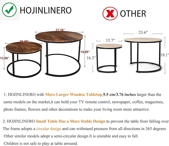 Industrial Round Coffee Table Set of 2 End Table for Living Room,Stacking Side Tables, Sturdy and Easy Assembly,Wood Look Accent Furniture with Metal Frame,Black+Rustic Brown