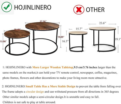 Industrial Round Coffee Table Set of 2 End Table for Living Room,Stacking Side Tables, Sturdy and Easy Assembly,Wood Look Accent Furniture with Metal Frame,Black+Rustic Brown