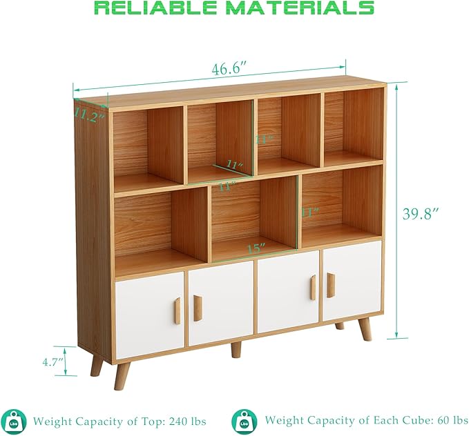 Cubby Shelf Bookcase with Doors - Wooden 11 Cube Floor Standing Open Bookshelf with Solid Wood Legs, 3-Tier Storage Cabinet, Oak and Warm White