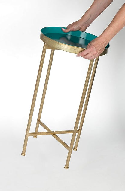 Kate and Laurel Celia Round Metal Foldable Tray Accent Table, Teal with Gold Base