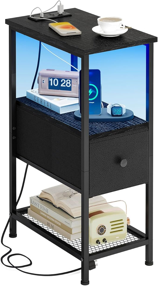 Fixwal Narrow Side Table with Charging Station and LED Light, Skinny Nightstand with 1 Fabric Drawer, Slim End Table for Bedroom, Dorm, Small Space, Black