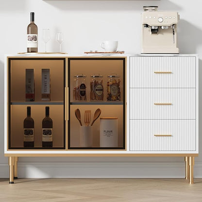 Buffet Sideboard Cabinet with Storage, 46.4" Large Fluted Kitchen Sideboard Cabinet with 2 Glass Doors 3 Drawers and Shelves, Faux Marble Top Buffet Table for Dining Room, Living Room, White