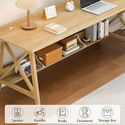 Extra Long Desk with Bookshelf - Wooden Home Office Work Study Table, 2-Person Writing Computer Workstation with Storage Shelf in Oak, 63" Wx24 Dx30 H