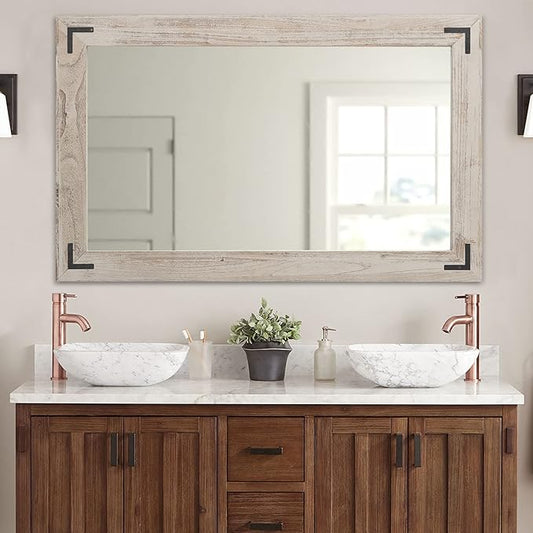 YOSHOOT Rustic Wooden Framed Wall Mirror, Natural Wood Bathroom Vanity Mirror for Farmhouse Decor, Vertical or Horizontal Hanging, 60" x 36", Grey