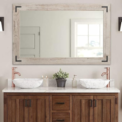 YOSHOOT Rustic Wooden Framed Wall Mirror, Natural Wood Bathroom Vanity Mirror for Farmhouse Decor, Vertical or Horizontal Hanging, 60" x 30", Grey