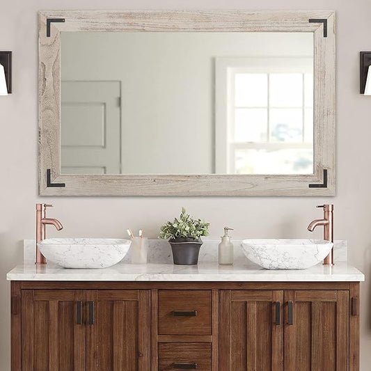 YOSHOOT Rustic Wooden Framed Wall Mirror, Natural Wood Bathroom Vanity Mirror for Farmhouse Decor, Vertical or Horizontal Hanging, 53" x 28", Grey