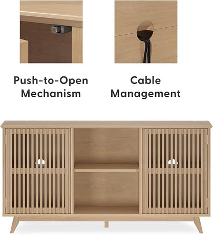 Plank+Beam Mid-Century Modern Wood TV Stand, Solid Wood Entertainment Console with Storage, 59" L x 16" W x 30" H, Blonde