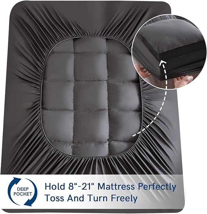 ELEMUSE Twin XL Grey Mattress Topper for College Dorm, Extra Long Twin Mattress Pad Cover for Back Pain, Plush Soft Pillowtop with Elastic Deep Pocket, Overfilled Down Alternative Filling