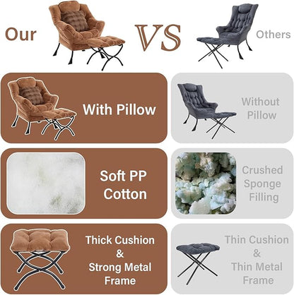 Lazy Chair with Ottoman, Comfy Reading Chair with Footstool & Throw Pillow Modern Lounge Accent Chair with Armrests & Side Pocket for Living Room, Bedroom, Dorm Room, Office, Plush Brown