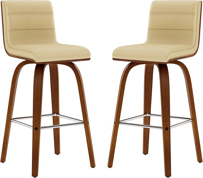 Armen Living Vienna 26" Swivel Counter Stool in Walnut Wood Finish with Cream Faux Leather - Set of 2